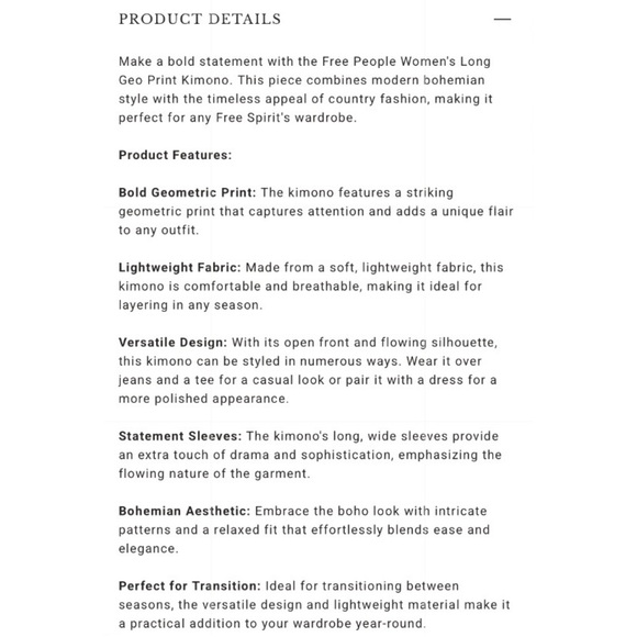 NWT FREE PEOPLE WOMEN'S LONG GEO PRINT KIMONO - ONE SIZE - Picture 5 of 10